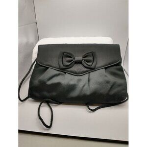 Vintage Black Rayon Satin Clutch Crossbody Purse with Bow & Snap Closure